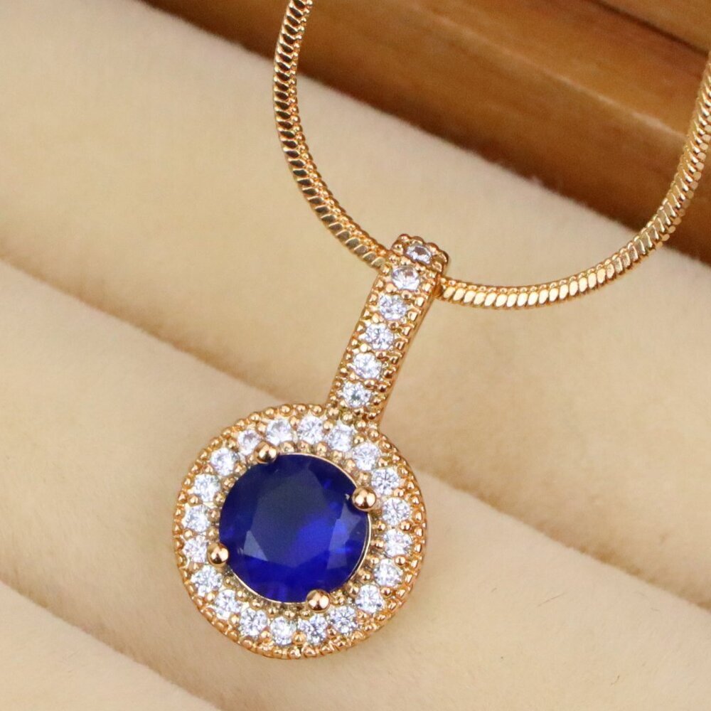 "Gold Plated Blue Round Pendant with Crystal Halo for Women, XPPT1739